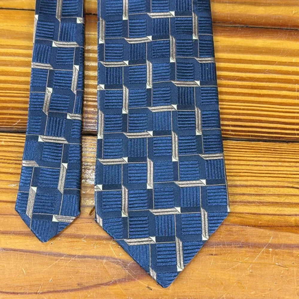 ERMENEGILDO ZEGNA ***** Silk Necktie ITALY Luxury Geometric Blue/Gold Check EUC